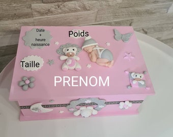 Wooden birth box / birth gift / girl / baby room decoration / star moon / Bear / + first name / personalized box