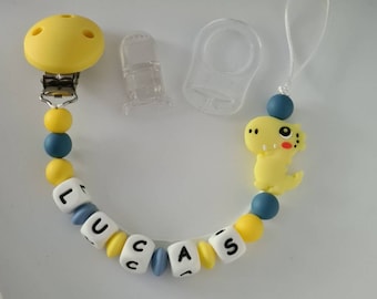 Personalized pacifier clip / first name / baby box birth gift baby shower blue yellow dinosaur mam adapter and cuddly toy