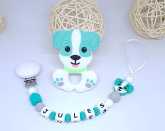 Nipple attachment personalized pacifier / first name / wooden toy baby box birth gift baby shower dog animals