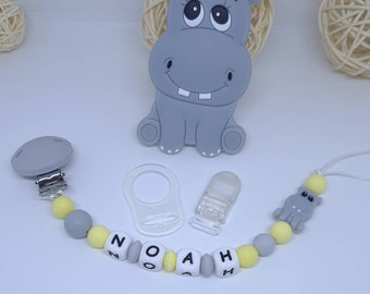 Personalized pacifier clip / first name / baby food silicone toy birth box baby shower gift hippopotamus jungle animals