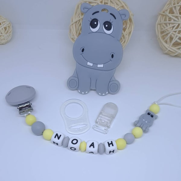 Personalisierter Schnullerclip / Vorname / Babynahrung Silikonspielzeug Geburtsbox Babyparty Geschenk Nilpferd Dschungeltiere