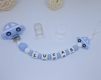 Nipple attachment personalized pacifier / first name / baby box birth gift baby shower car / blue white