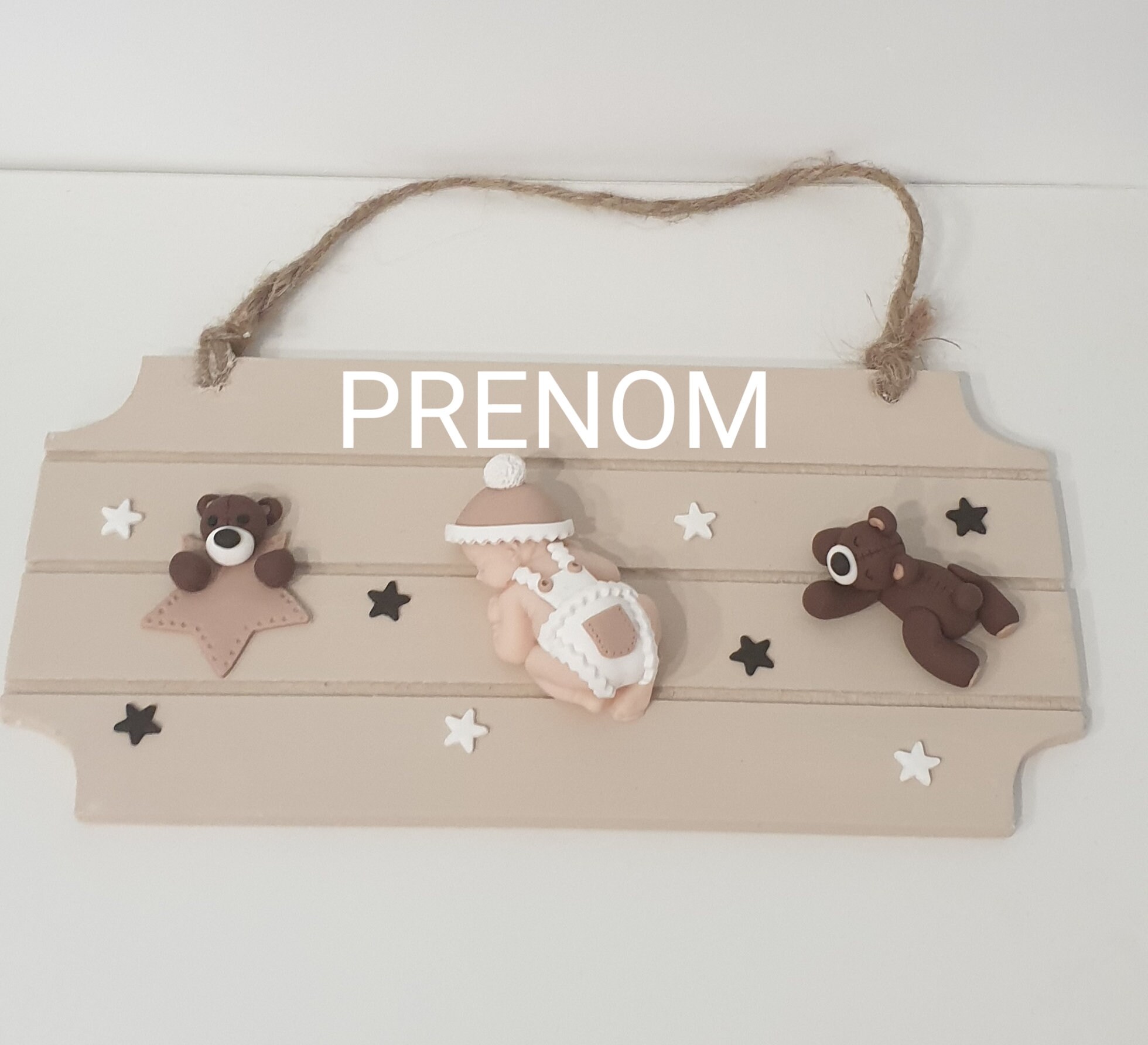 Plaque de Porte Bébé Ours Étoiles Beige/Marron + Prénom