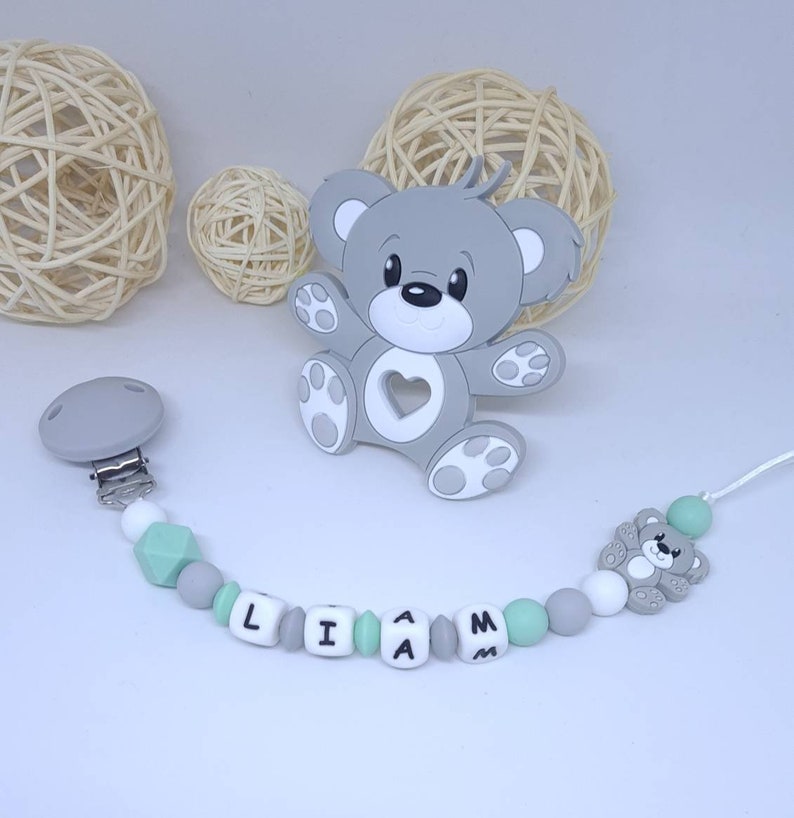 Attache tétine sucette personnalisée / prénom / jouet en silicone alimentaire bébé box naissance cadeau baby shower ours koala image 1