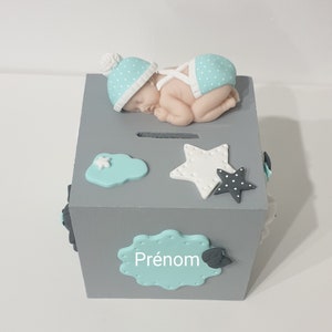 Tirelire prénom bébé/ enfant / cadeau naissance / étoiles / nuage / lune / lapin rose / grise en Fimo image 6