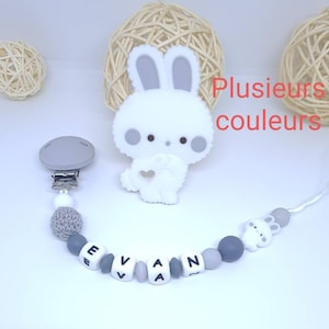 Attache tétine sucette personnalisée / prénom / jouet en silicone alimentaire bébé box naissance cadeau baby shower lapin image 1