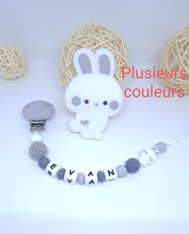 Attache tétine sucette personnalisée / prénom / jouet en silicone alimentaire bébé box naissance cadeau baby shower lapin image 1