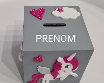 Tirelire + prénom / bébé / enfant / cadeau naissance / étoiles / nuage / licorne / grise en Fimo / plaque de porte / arc en ciel