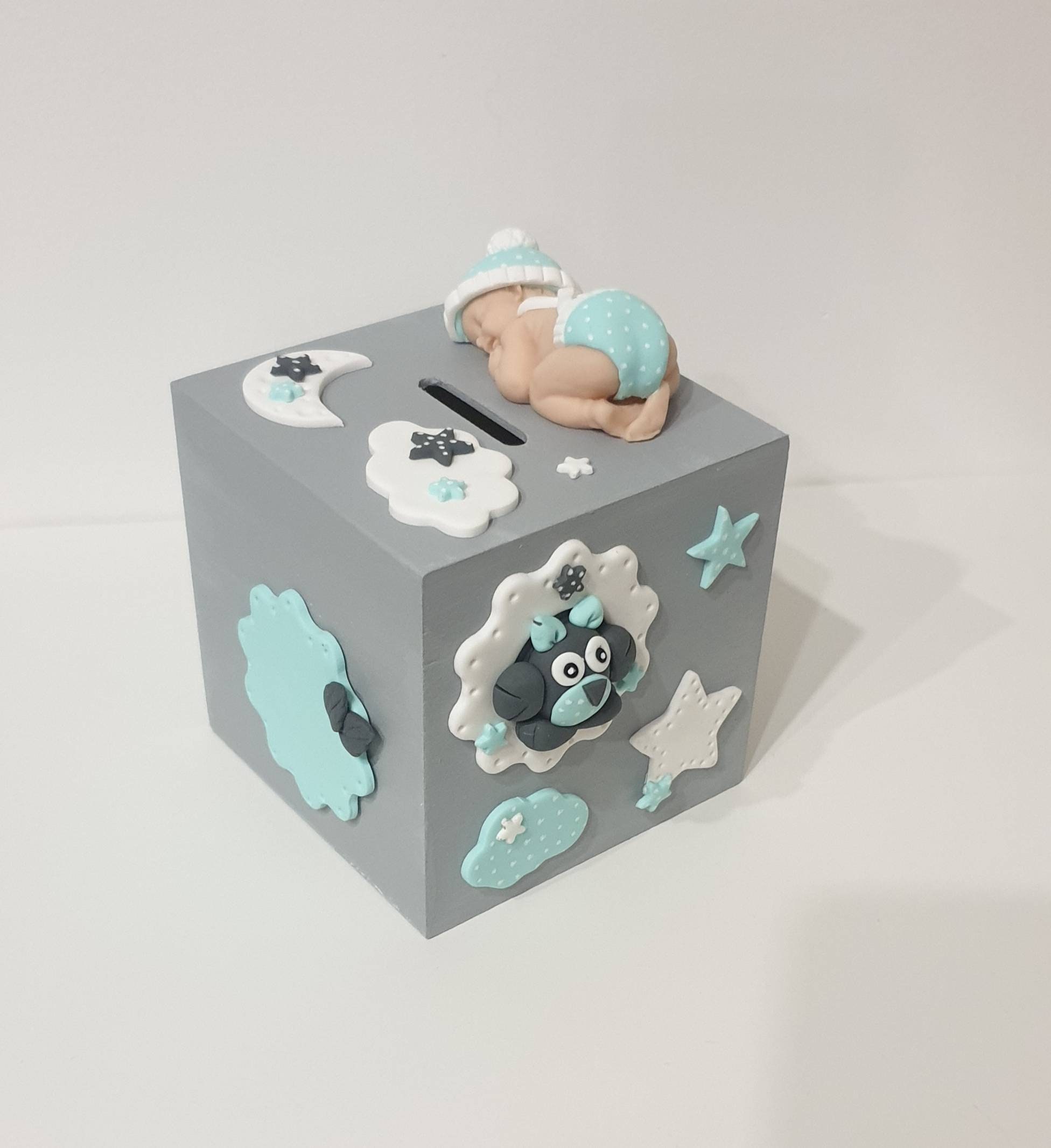 Tirelire + Prénom Bébé/Enfant Cadeau Naissance Étoiles Nuage Lune Chouette Bleu en Fimo