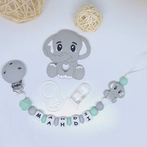 Ciuccio con clip personalizzato / nome / giocattolo in silicone alimentare per nascita, regalo per baby shower, elefante
