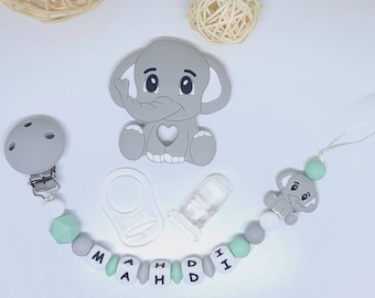 Attache tétine sucette personnalisée / prénom / jouet en silicone alimentaire bébé box naissance cadeau baby shower Éléphant