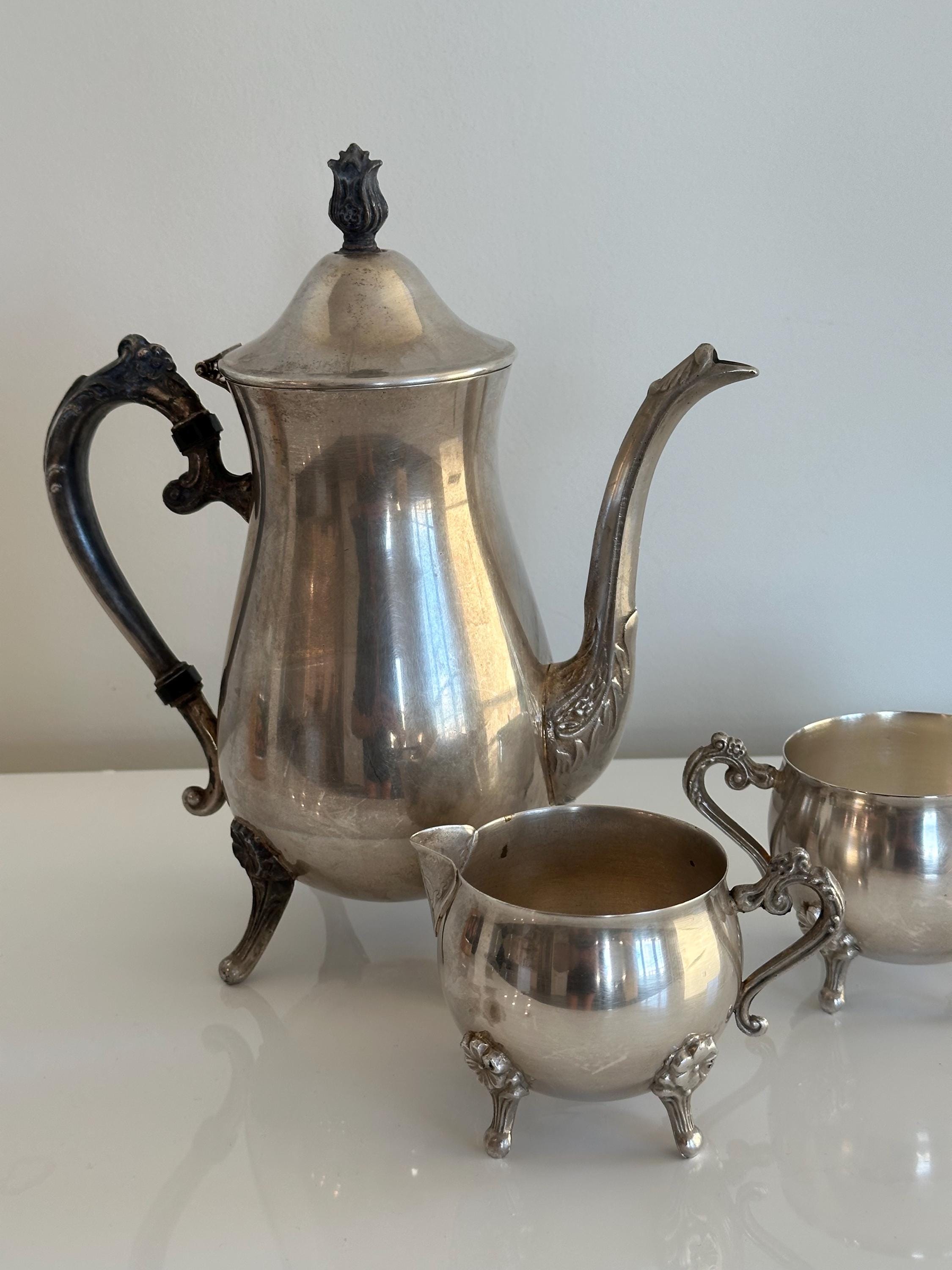 Vintage Leonard Silver Plate Coffee Tea Set 3pc Ornate Footed