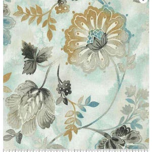 May include: Floral fabric with a watercolor effect. The design features large, stylized flowers in shades of gold, gray, and blue against a light blue and white background. The fabric has a ruler along the bottom edge, with measurements up to 12 inches.