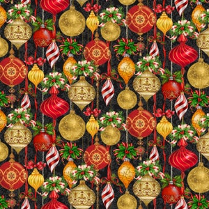 Black Christmas Ornaments Allover Henry Glass Christmas Legend by Bruce Park Collection In Holiday # 9520-99  100% Cotton sold by the yard