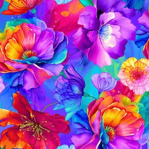 May include: A vibrant floral pattern featuring large, colorful flowers in shades of purple, pink, orange, and yellow. The petals have a watercolor effect, with a blue background. The flowers have detailed centers and varying sizes.