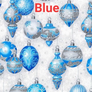 Robert Kaufman decorative ornaments on Cream white blue Metallic Christmas Cotton Fabric 100% Cotton sold by half yard by the yard image 5