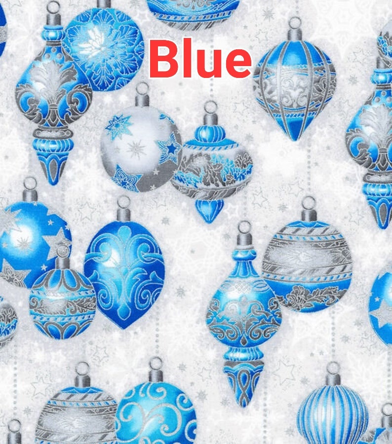 Robert Kaufman decorative ornaments on Cream white blue Metallic Christmas Cotton Fabric 100% Cotton sold by half yard by the yard image 5