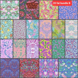 Puede incluir: Un conjunto de 20 paquetes de tela de cuarto de grasa con una variedad de patrones florales y geom&eacute;tricos en tonos de rosa, azul, verde y morado. La tela es perfecta para acolchar, manualidades y otros proyectos de costura. 20 fat bundle B.