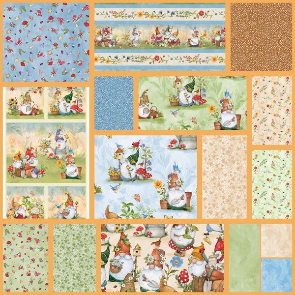 Gnome and Garden fabric by Susan Winget for Wilmington Prints 100% cotton