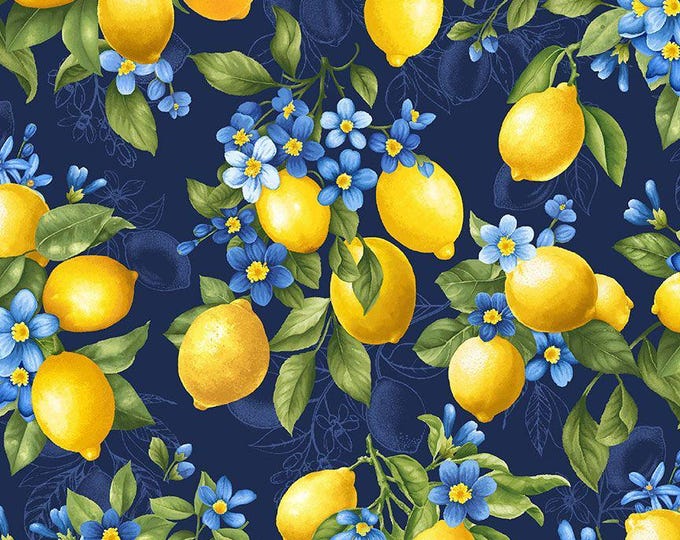 Timeless Treasures LEMON BOUQUET FRUIT-CD3442 Navy Collection ...