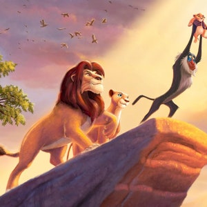 May include: A cartoon illustration of a lion family, including a lion, lioness, and a lion cub, standing on a rocky cliff. The lion family is looking out at a sunset sky with birds flying overhead. A baboon is holding the lion cub in the air.