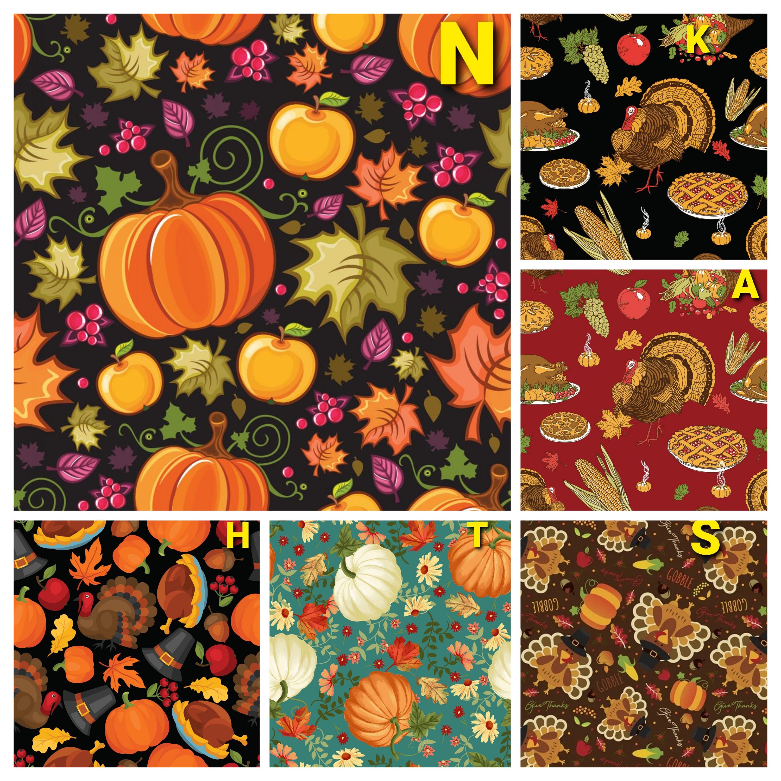 Thanksgiving Fabric Harvest Fall Theme Turkey Pumpkin Feast Pilgrim 100 ...