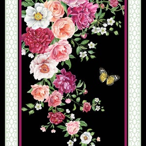 May include: A black background with a cascading bouquet of pink, white, and red peonies, with green leaves and small white flowers. Two butterflies are perched on the flowers.