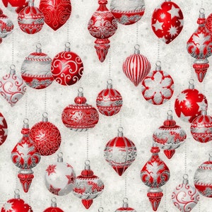 Robert Kaufman decorative ornaments on Cream white blue Metallic Christmas Cotton Fabric 100% Cotton sold by half yard by the yard image 2