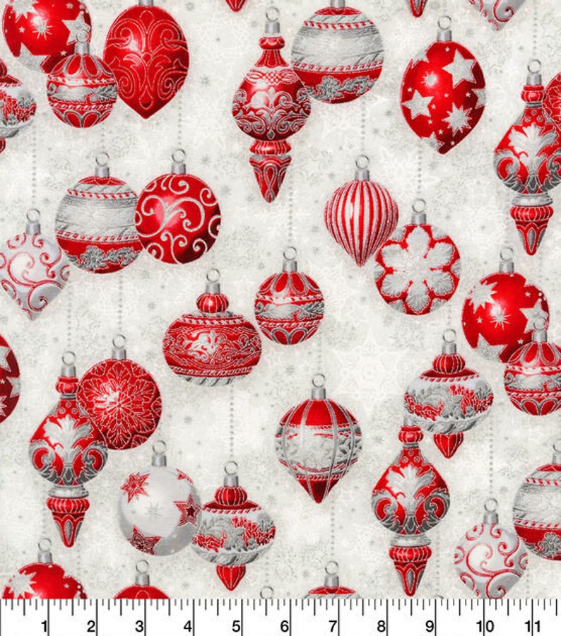 Robert Kaufman decorative ornaments on Cream white blue Metallic Christmas Cotton Fabric 100% Cotton sold by half yard by the yard image 2