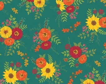 Autumn Afternoon Main Teal C14870-TEAL by Heather Peterson Riley Blake fleurs, feuilles, brins, feuilles de chêne et glands Tissu 100 % coton