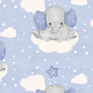 May include: A blue and white patterned fabric with a gray elephant holding a blue star on a string. The elephant is sitting on a white cloud against a light blue background with white stars.