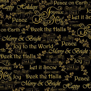 Timeless Treasures Christmas Words and Music Notes HOLIDAY-CM2052  black Deck the Halls Collection metallic Christmas 100% cotton fabric