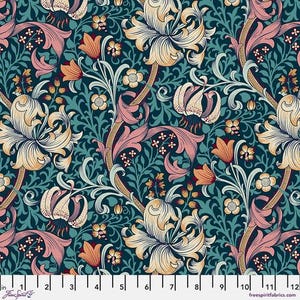 ORIGINAL MORRIS & Co Golden Lily Teal  collection Red House PWWM028.TEAL for Free Spirit Fabrics 100% Cotton