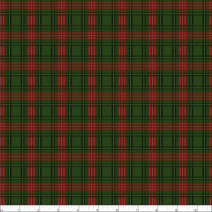 May include: Green and red plaid fabric with a white stripe. The fabric is a repeating pattern of squares.