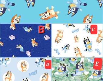 Bluey Fabric, Disney Junior Bluey and Bingo Badges on Light Blue