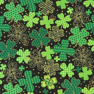 May include: A black background with a repeating pattern of green shamrocks in various styles. The shamrocks are outlined in gold and have different patterns, including polka dots, stripes, and checkered designs.