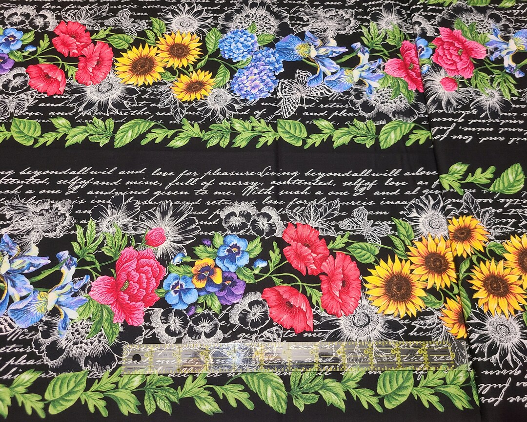 Timeless Treasures Fabrics Garden Journal Floral Black 11" Floral ...