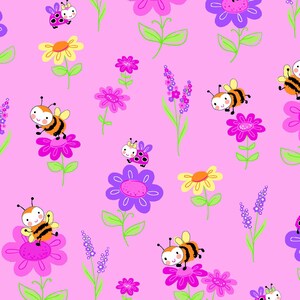 May include: A pink background with a repeating pattern of bees, ladybugs, and flowers. The bees are yellow and black with brown stripes. The ladybugs are red with black spots. The flowers are pink, purple, and yellow.