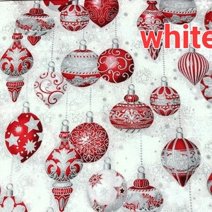 Robert Kaufman decorative ornaments on Cream white blue Metallic Christmas Cotton Fabric 100% Cotton sold by half yard by the yard image 3