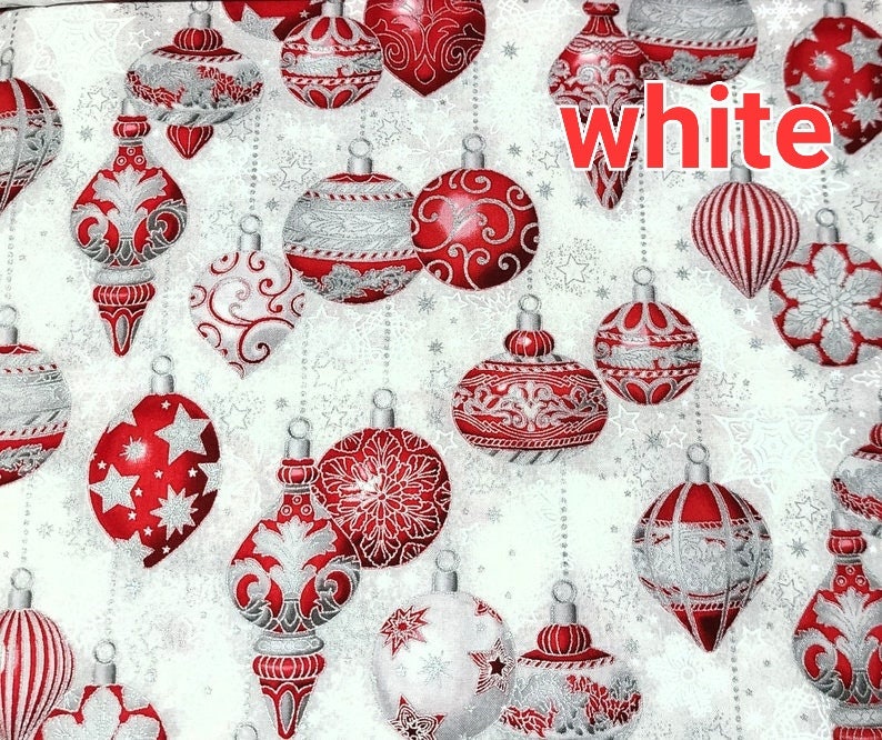 Robert Kaufman decorative ornaments on Cream white blue Metallic Christmas Cotton Fabric 100% Cotton sold by half yard by the yard image 3