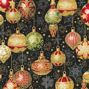 Robert Kaufman decorative ornaments on black Metallic Christmas Cotton Fabric 100% Cotton sold by half yard by the yard