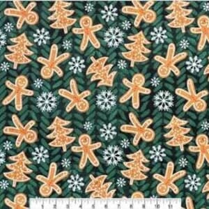 May include: A green fabric with a repeating pattern of gingerbread men, Christmas trees, and snowflakes. The gingerbread men are orange, the trees are brown, and the snowflakes are white.