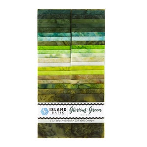 May include: A pack of 40 green batik fabric strips, each measuring 2 1/2 inches wide. The pack includes 20 different fabric designs. The pack is labeled "Island Batik Glorious Green Batiks".