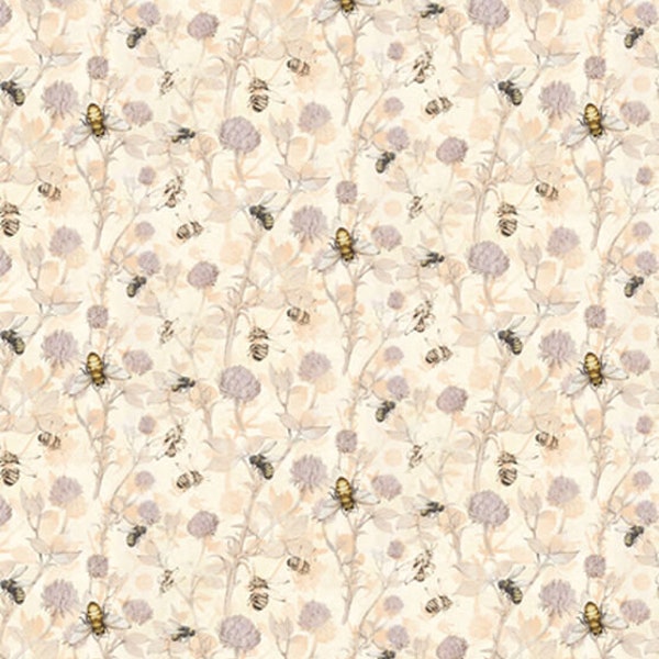 Susan Winget Bees On Flowers Tan Premium Print Fabric 100% Cotton