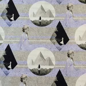 May include: A repeating pattern fabric featuring a stylized image of a woman in a blue dress walking in front of a mountain range. The background is a light gray with a subtle texture and a light blue stripe pattern.
