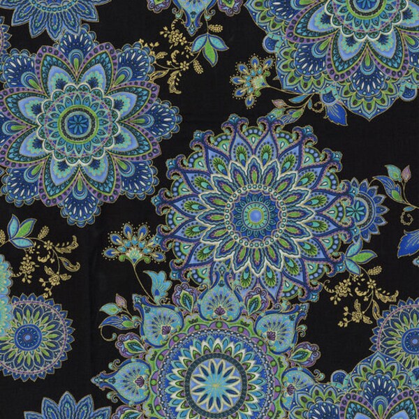 Hi Fashion Blue Medallions On Black Premium Print Cotton Fabric 100% Cotton