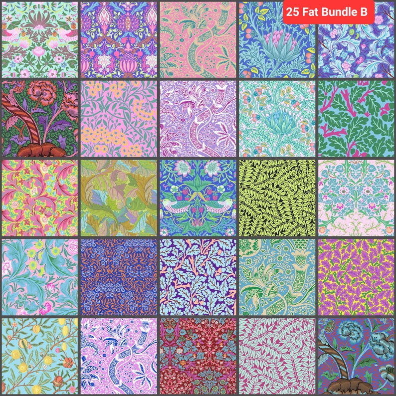 Puede incluir: Una colecci&oacute;n de 25 cuadrados de tela de tama&ntilde;o "fat quarter" con una variedad de patrones florales y bot&aacute;nicos en tonos de rosa, azul, verde y morado. Los cuadrados de tela est&aacute;n dispuestos en una cuadr&iacute;cula y etiquetados como "25 Fat Bundle B".