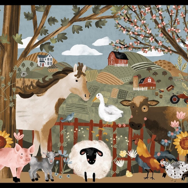 Blank Quilting Fabrics Farm Country Laura Konynkyk Folk Art Farm Scene 36" x 44" Panel 100% cotton