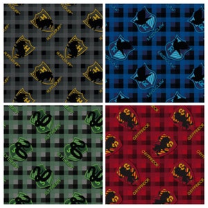 May include: A seamless pattern featuring the four Hogwarts house crests: Gryffindor, Hufflepuff, Ravenclaw, and Slytherin. Each crest is displayed on a plaid background in the house's signature colors. The crests are surrounded by the house names.