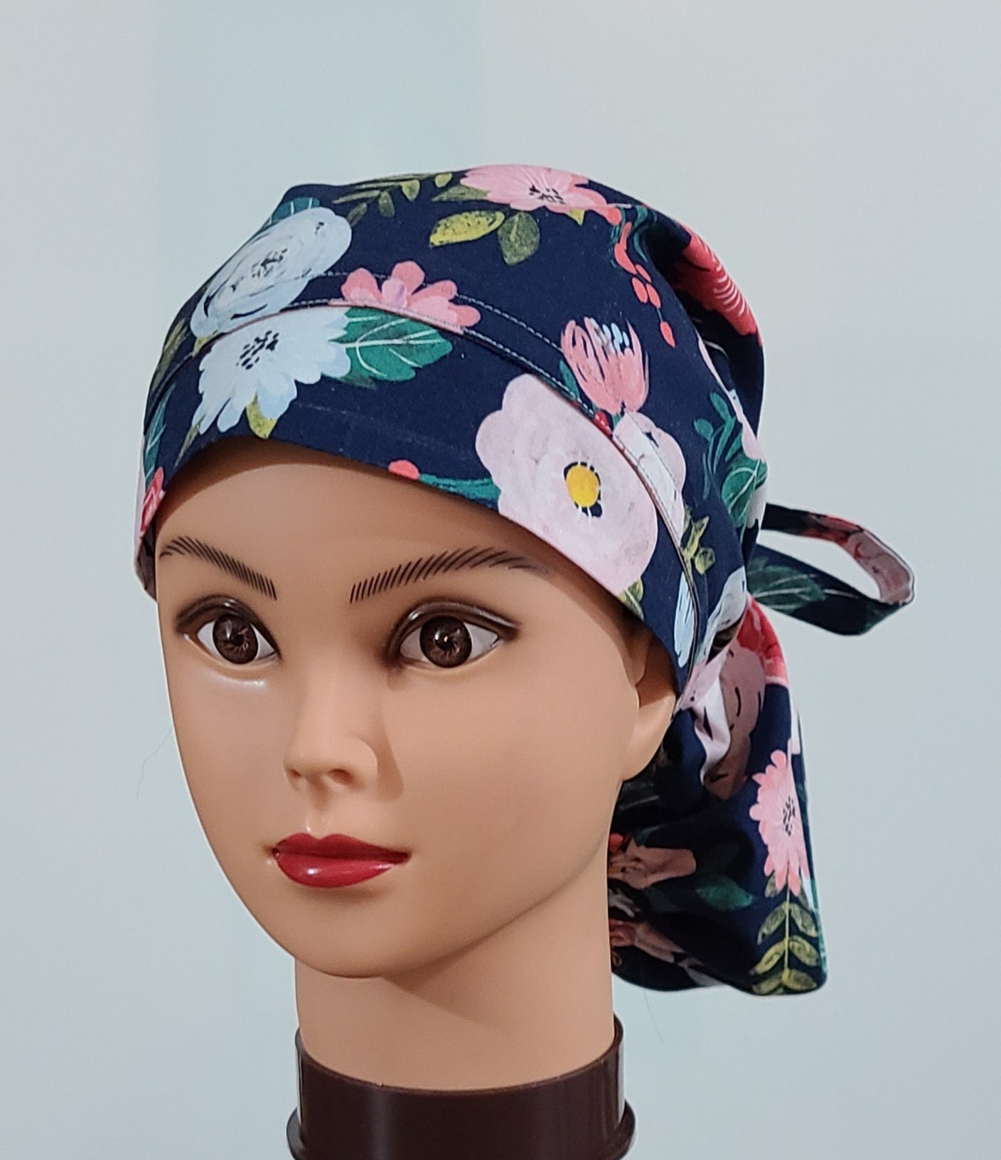 Satine Lined Scrub Hat Pink Blooms on Navy Scrub Cap Surgical | Etsy